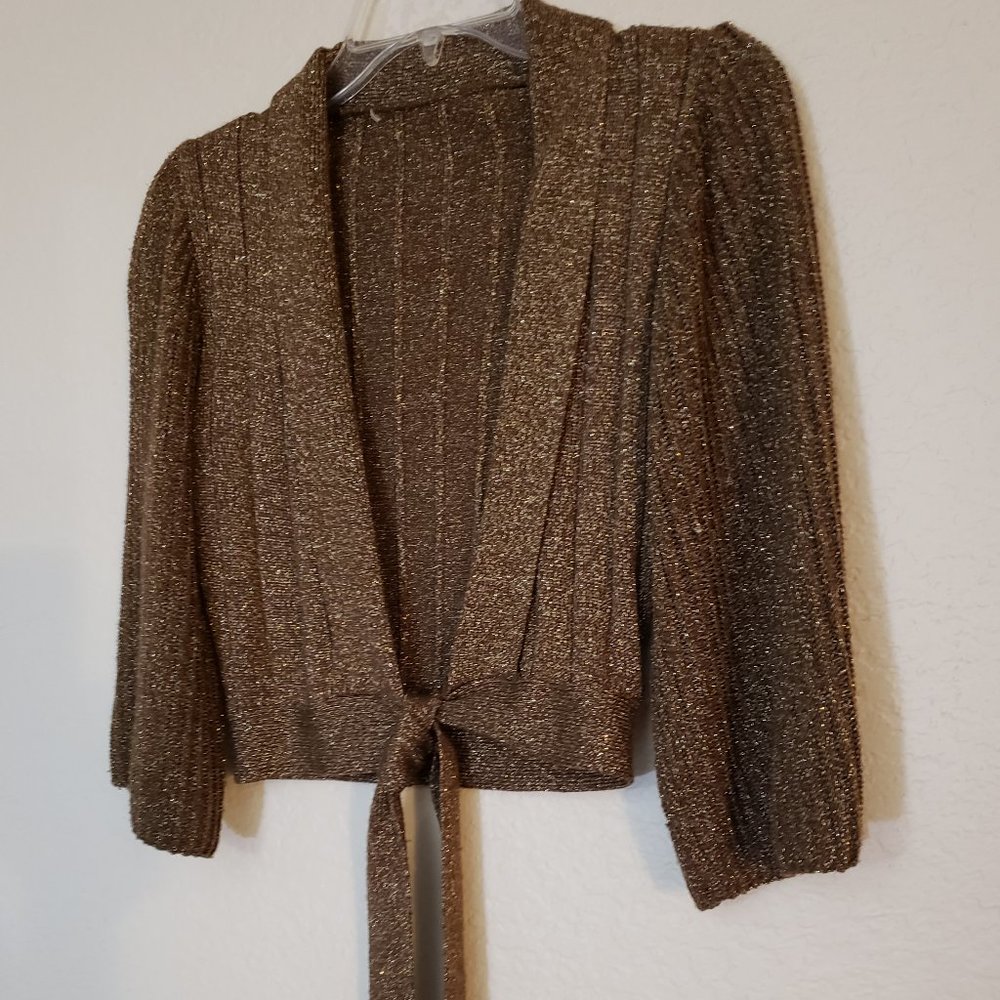 VINTAGE - Sweet Brown and Gold 3/4" Sleeve Sweater W/ Tie Front